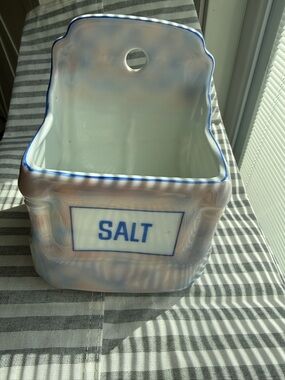 Vintage Victoria China Ceramic Salt Box with Blue Trim